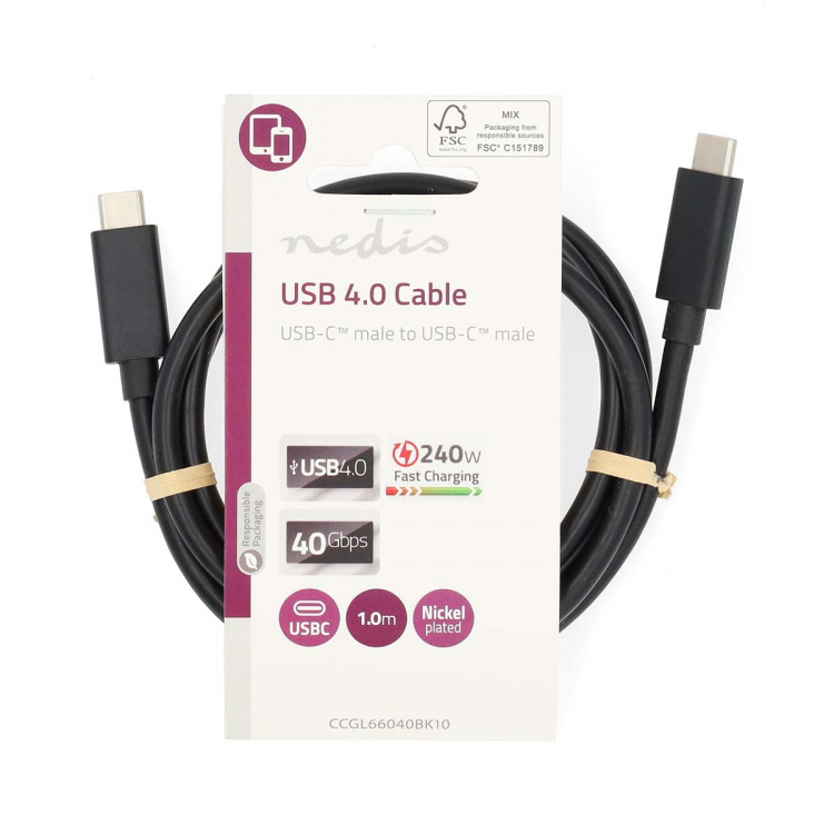 Nedis USB Cable | USB 4.0 Gen 3x2 | USB-C™ Male | USB-C™ Male | 240 W | 8K@60Hz | 40 Gbps | Nickel Plated | 1.00 m | Round | PVC | Black | Label Nedis USB Cable | USB 4.0 Gen 3x2 | USB-C™ Male | USB-C™ Male | 240 W | 8K@60Hz | 40 Gbps | Nickel Plated | 1.00 m | Round | PVC | Black | Label