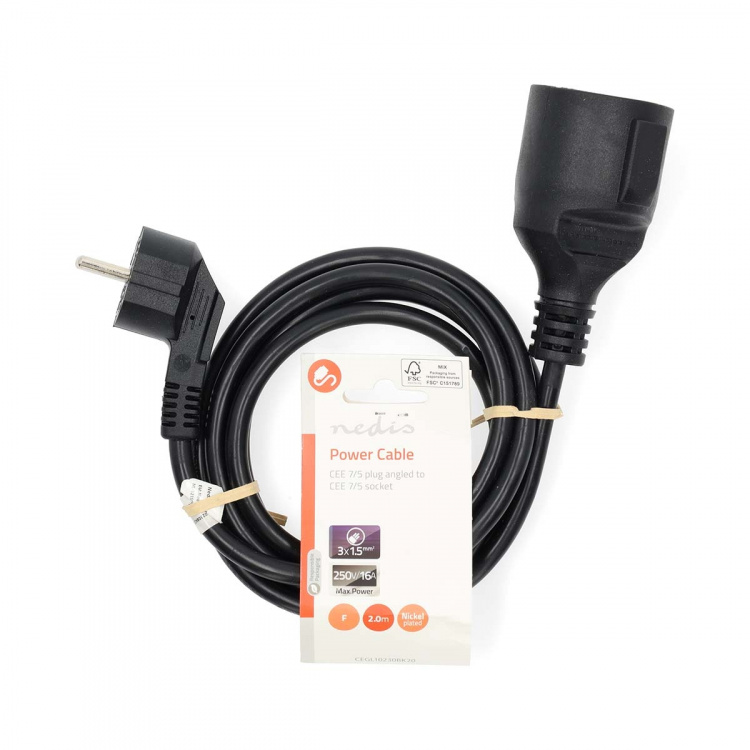 Nedis Power Cable | Plug with earth contact male | Plug with earth contact female | Angled | Straight | Nickel Plated | 2.00 m | Round | PVC | Black | Label