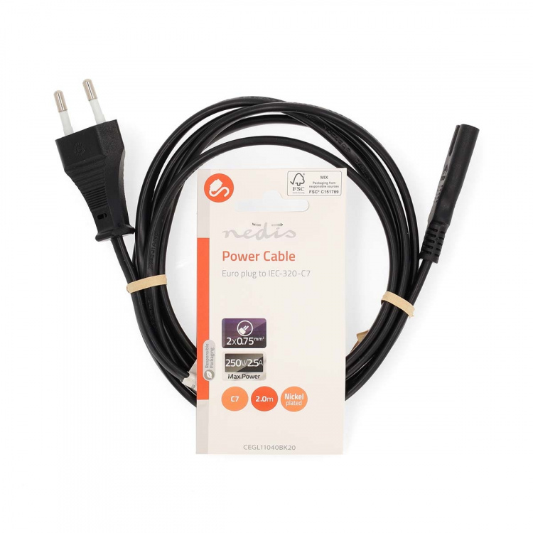 Nedis Power Cable | Euro Male | IEC-320-C7 | Straight | Straight | Nickel Plated | 2.00 m | Flat | PVC | Black | Label
