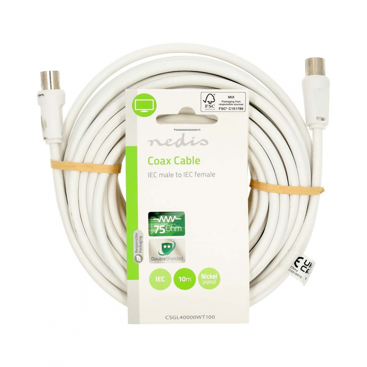 Nedis Coax Cable | IEC (Coax) Male | IEC (Coax) Female | Nickel Plated | 90 dB | 75 Ohm | Double Shielded | 10.0 m | Round | PVC | White | Label Nedis Coax Cable | IEC (Coax) Male | IEC (Coax) Female | Nickel Plated | 90 dB | 75 Ohm | Double Shielded | 10.0 m | Round | PVC | White | Label