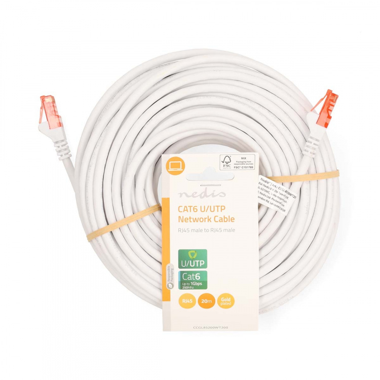 Nedis CAT6 Cable | RJ45 Male | RJ45 Male | U/UTP | 20.0 m | Round | PVC | White | Label Nedis CAT6 Cable | RJ45 Male | RJ45 Male | U/UTP | 20.0 m | Round | PVC | White | Label