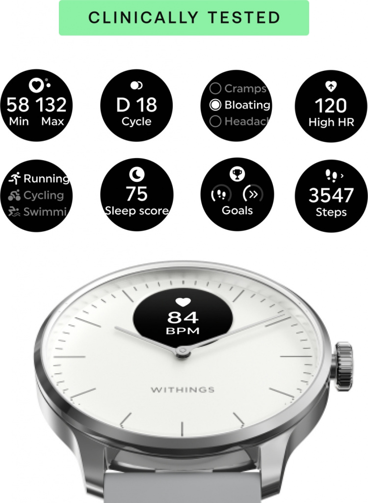 Withings Scanwatch Light smartwatch, 37 mm, white / grey