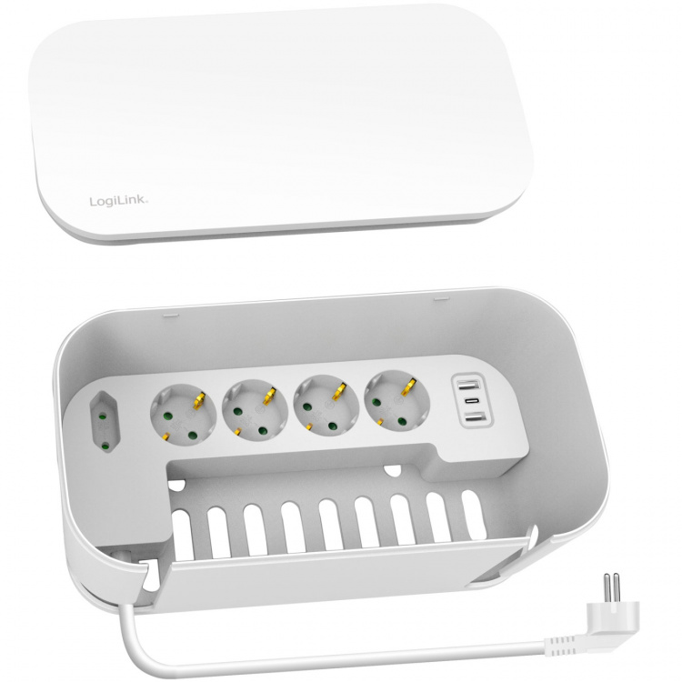 LogiLink Cable box - Kabelgömma med grenuttag + USB-A/USB-C-laddning Vit