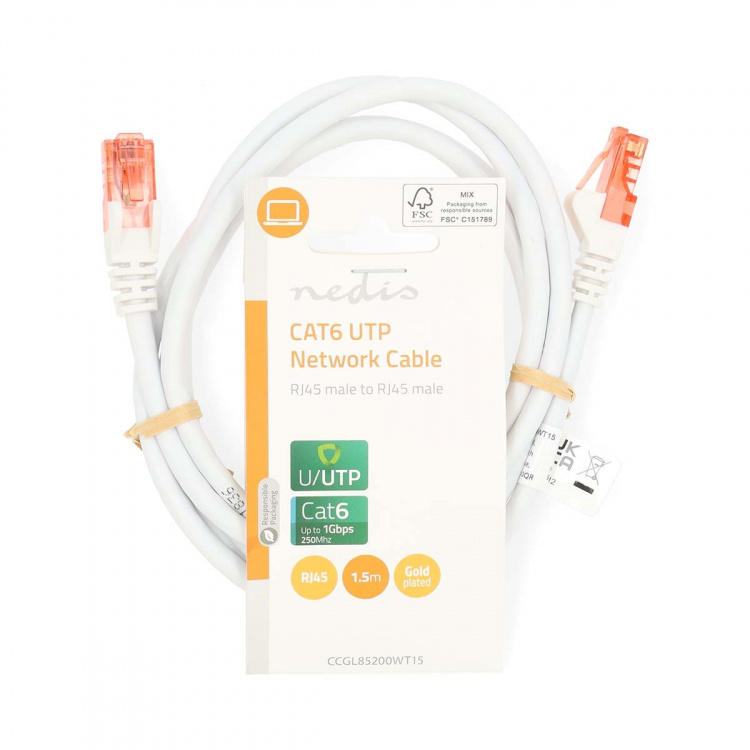 Nedis CAT6 Cable | RJ45 Male | RJ45 Male | U/UTP | 1.50 m | Round | PVC | White | Label Nedis CAT6 Cable | RJ45 Male | RJ45 Male | U/UTP | 1.50 m | Round | PVC | White | Label