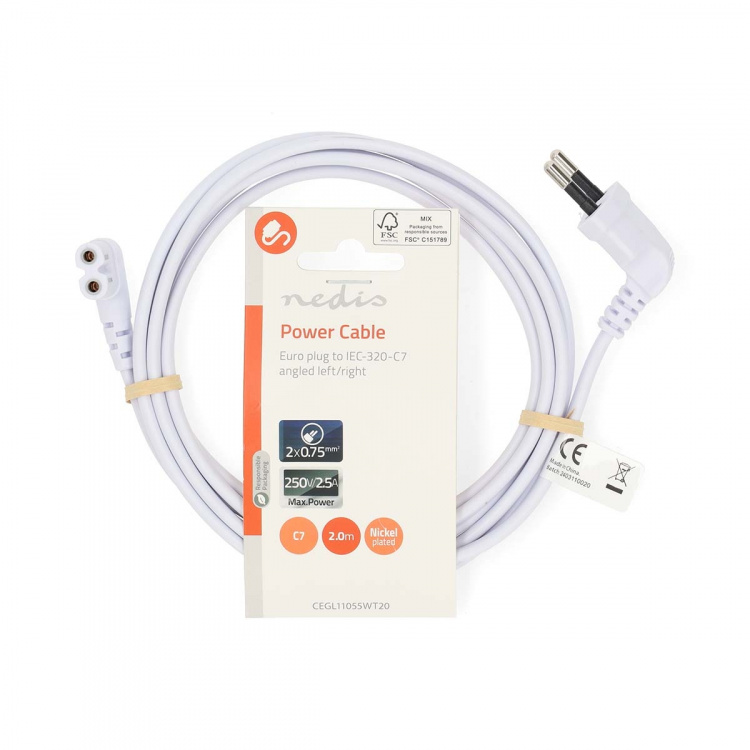 Nedis Power Cable | Euro Male | IEC-320-C7 | Angled | Angled Left | Nickel Plated | 2.00 m | Flat | PVC | White | Label