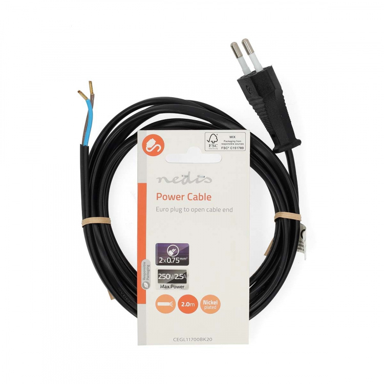 Nedis Power Cable | Euro Male | Open | Straight | Straight | Nickel Plated | 2.00 m | Flat | PVC | Black | Label