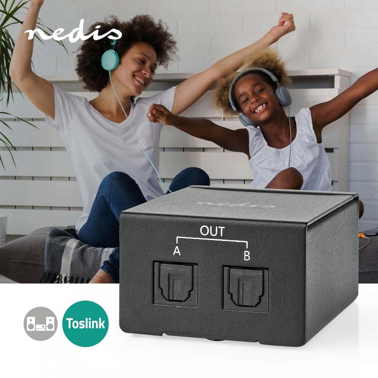 Nedis Digital Audio Splitter | 2-way | Audio / video / data connections input: TosLink Female | Audio / video / data connections output: 2x TosLink | Push Button | Metal | Black Nedis Digital Audio Splitter | 2-way | Audio / video / data connections input: TosLink Female | Audio / video / data connections output: 2x TosLink | Push Button | Metal | Black