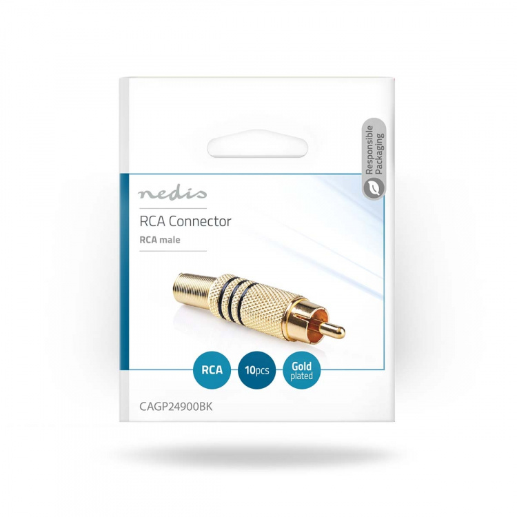 Nedis RCA Connector | Straight | Male | Gold Plated | Solder | Cable input diameter: 7.0 mm | Metal | Black | 10 pcs | Envelope Nedis RCA Connector | Straight | Male | Gold Plated | Solder | Cable input diameter: 7.0 mm | Metal | Black | 10 pcs | Envelope