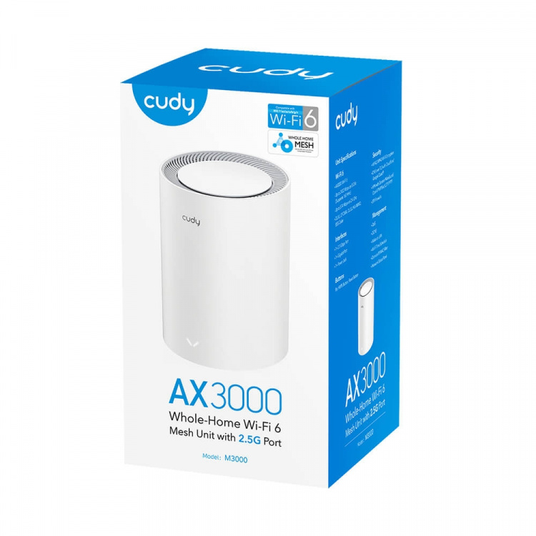 CUDY Mesh Solution M3000 1-pk AX3000 Gigabit Wi-Fi 6 2.5G White CUDY Mesh Solution M3000 1-pk AX3000 Gigabit Wi-Fi 6 2.5G White