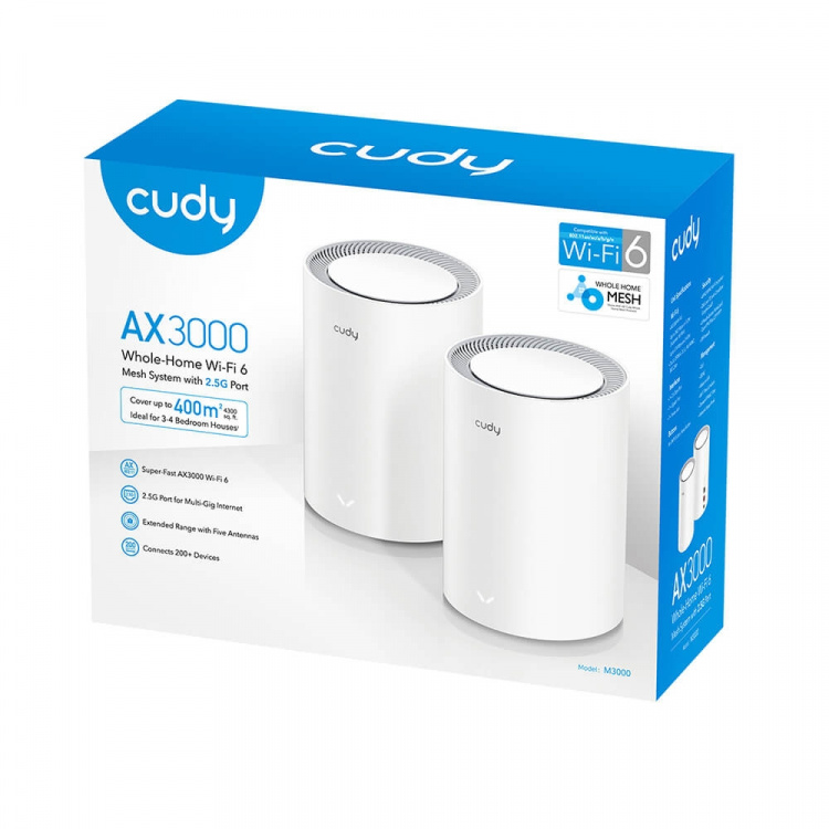 CUDY Mesh Solution M3000 2-pk AX3000 Gigabit Wi-Fi 6 2.5G White CUDY Mesh Solution M3000 2-pk AX3000 Gigabit Wi-Fi 6 2.5G White