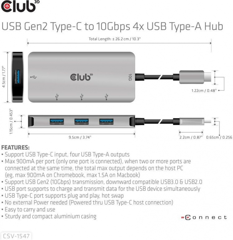 Club 3D USB Type-C to 10 Gbps 4x USB Type-A hub Club 3D USB Type-C to 10 Gbps 4x USB Type-A hub