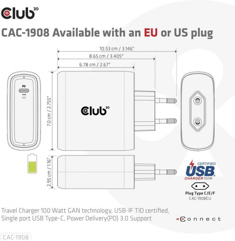 Club 3D CAC-1908EU Travel Charger 100 W GaN USB-C power supply Club 3D CAC-1908EU Travel Charger 100 W GaN USB-C power supply