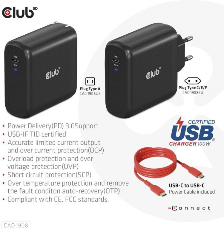 Club 3D CAC-1908EU Travel Charger 100 W GaN USB-C power supply Club 3D CAC-1908EU Travel Charger 100 W GaN USB-C power supply