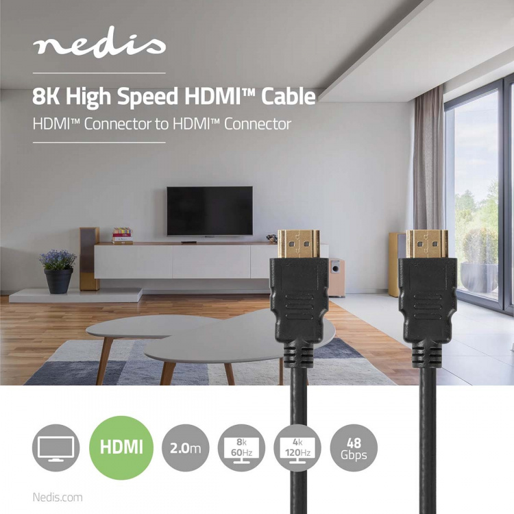 Nedis Ultra High Speed HDMI™ Cable | HDMI™ Connector | HDMI™ Connector | 8K@60Hz | 48 Gbps | 2.00 m | Round | 6.5 mm | Black | Label Nedis Ultra High Speed HDMI™ Cable | HDMI™ Connector | HDMI™ Connector | 8K@60Hz | 48 Gbps | 2.00 m | Round | 6.5 mm | Black | Label