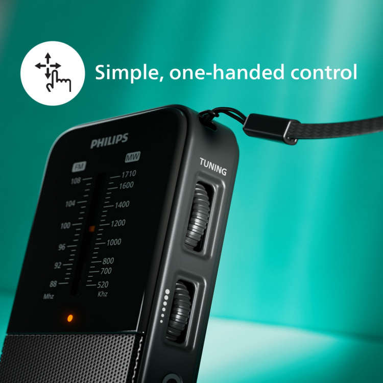 Philips Batteri-driven fick-radio med inbyggd högtalare. Analog FM/MW tuner Philips Batteri-driven fick-radio med inbyggd högtalare. Analog FM/MW tuner