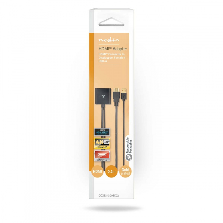 Nedis HDMI™ Adapter | HDMI™ Connector | DisplayPort Male / USB-A Male | Gold Plated | Straight | PVC | Black | 1 pcs | Box Nedis HDMI™ Adapter | HDMI™ Connector | DisplayPort Male / USB-A Male | Gold Plated | Straight | PVC | Black | 1 pcs | Box