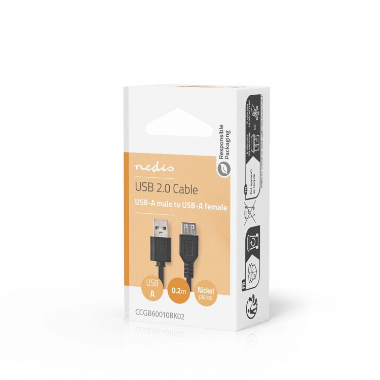 Nedis USB Cable | USB 2.0 | USB-A Male | USB-A Female | 480 Mbps | Nickel Plated | 0.20 m | Round | PVC | Black | Box Nedis USB Cable | USB 2.0 | USB-A Male | USB-A Female | 480 Mbps | Nickel Plated | 0.20 m | Round | PVC | Black | Box
