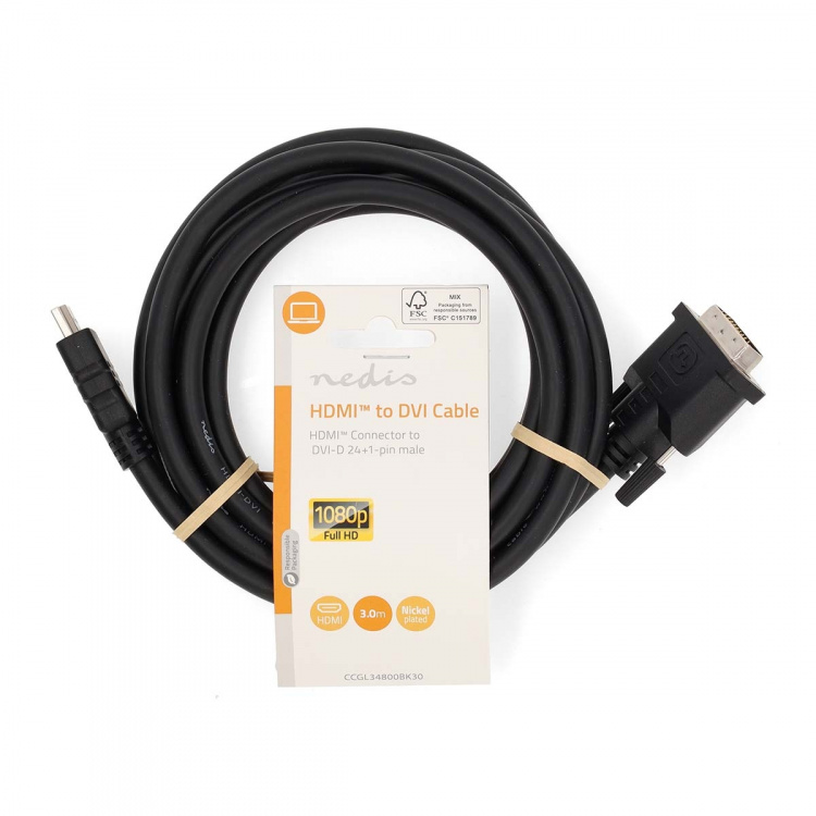Nedis HDMI™ Cable | HDMI™ Connector | DVI-D 24+1-Pin Male | 1080p | Nickel Plated | 3.00 m | Straight | PVC | Black | Label Nedis HDMI™ Cable | HDMI™ Connector | DVI-D 24+1-Pin Male | 1080p | Nickel Plated | 3.00 m | Straight | PVC | Black | Label