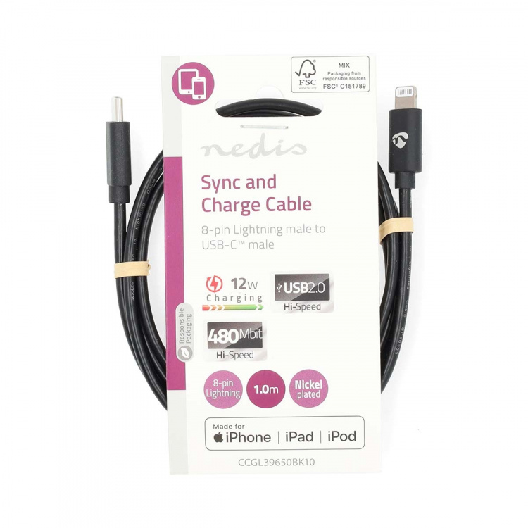 Nedis Lightning Cable | USB 2.0 | Apple Lightning 8-Pin | USB-C™ Male | 480 Mbps | Nickel Plated | 1.00 m | Round | PVC | Black | Label Nedis Lightning Cable | USB 2.0 | Apple Lightning 8-Pin | USB-C™ Male | 480 Mbps | Nickel Plated | 1.00 m | Round | PVC | Black | Label