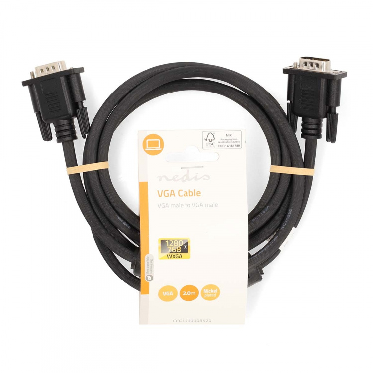 Nedis VGA Cable | VGA Male | VGA Male | Nickel Plated | Maximum resolution: 1280x768 | 2.00 m | Round | ABS | Black | Label