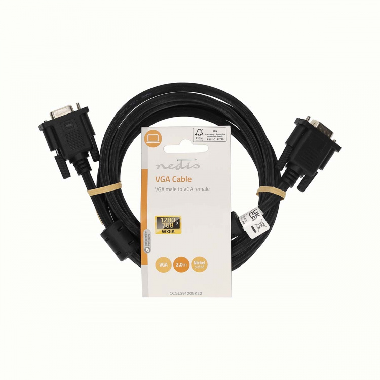 Nedis VGA Cable | VGA Male | VGA Female | Nickel Plated | Maximum resolution: 1280x800 | 2.00 m | Round | ABS | Black | Label Nedis VGA Cable | VGA Male | VGA Female | Nickel Plated | Maximum resolution: 1280x800 | 2.00 m | Round | ABS | Black | Label