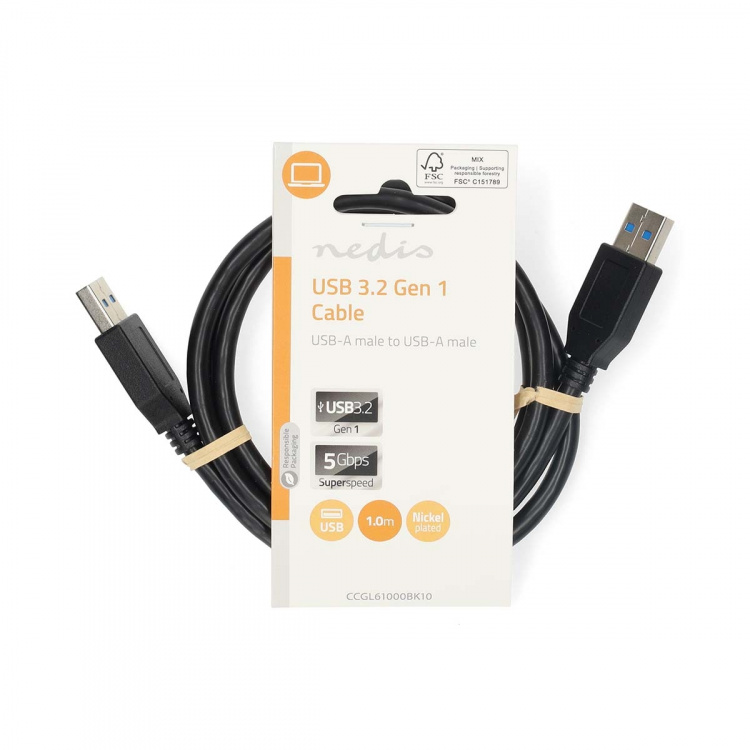 Nedis USB Cable | USB 3.2 Gen 1 | USB-A Male | USB-A Male | 5 Gbps | Nickel Plated | 1.00 m | Round | PVC | Black | Label