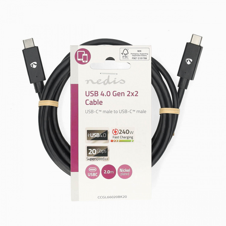 Nedis USB Cable | USB 4.0 Gen 2x2 | USB-C™ Male | USB-C™ Male | 240 W | 8K@60Hz | 20 Gbps | Nickel Plated | 2.00 m | Round | PVC | Black | Label