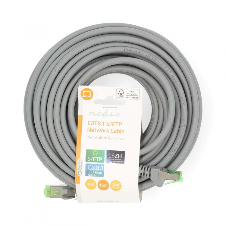Nedis Cat 8.1 Cable | S/FTP | RJ45 Male | RJ45 Male | 15.0 m | Round | LSZH | Grey | Label Nedis Cat 8.1 Cable | S/FTP | RJ45 Male | RJ45 Male | 15.0 m | Round | LSZH | Grey | Label