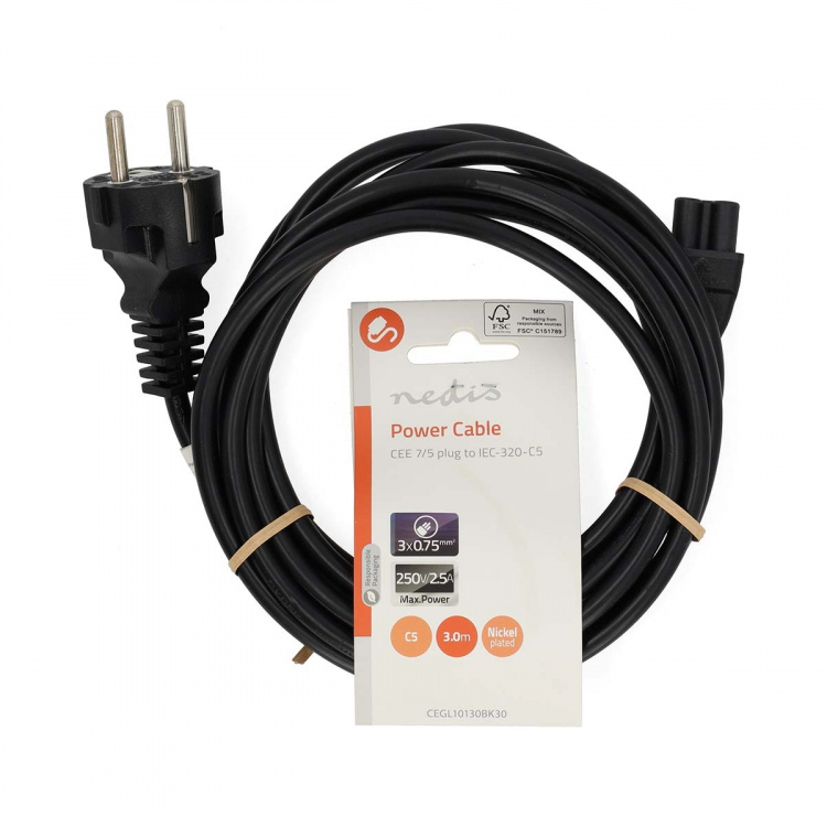 Nedis Power Cable | Plug with earth contact male | IEC-320-C5 | Straight | Straight | Nickel Plated | 3.00 m | Round | PVC | Black | Label