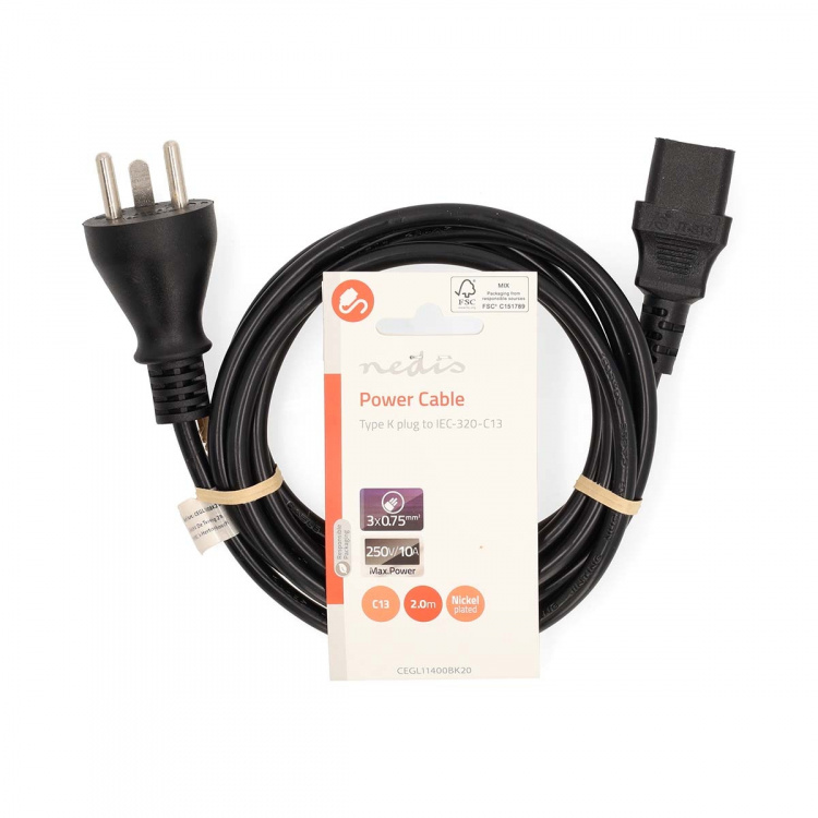 Nedis Power Cable | Denmark Male | IEC-320-C13 | Straight | Straight | Nickel Plated | 2.00 m | Round | PVC | Black | Label
