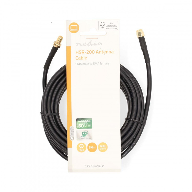 Nedis SMA Cable | SMA Male | SMA Female | Gold Plated | 50 Ohm | Double Shielded | 5.00 m | Round | PVC | Black | Label