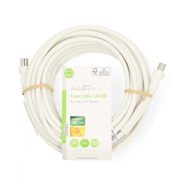 Nedis Coax Cable | IEC (Coax) Male | IEC (Coax) Female | Nickel Plated | 120 dB | 75 Ohm | Quad Shielded | 10.0 m | Round | PVC | White | Label
