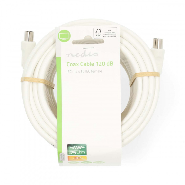 Nedis Coax Cable | IEC (Coax) Male | IEC (Coax) Female | Nickel Plated | 120 dB | 75 Ohm | Quad Shielded | 15.0 m | Round | PVC | White | Label