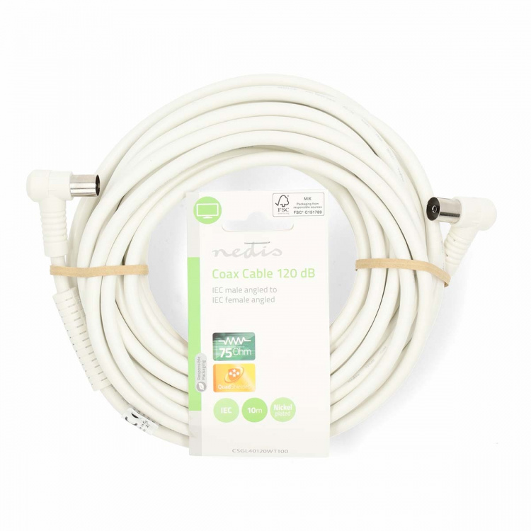 Nedis Coax Cable | IEC (Coax) Male | IEC (Coax) Female | Nickel Plated | 120 dB | 75 Ohm | Quad Shielded | 10.0 m | Round | PVC | White | Label