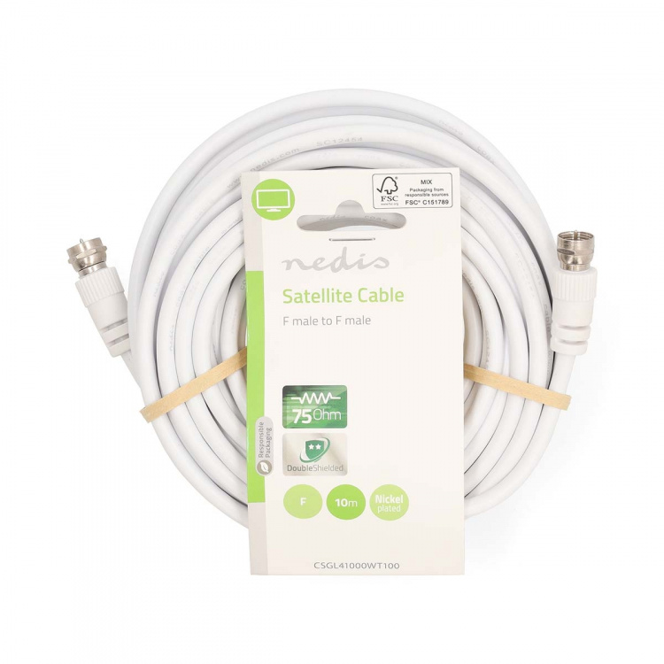Nedis Satellite & Antenna Cable | F Male | F Male | Nickel Plated | 75 Ohm | Double Shielded | 10.0 m | Round | PVC | White | Label Nedis Satellite & Antenna Cable | F Male | F Male | Nickel Plated | 75 Ohm | Double Shielded | 10.0 m | Round | PVC | White | Label