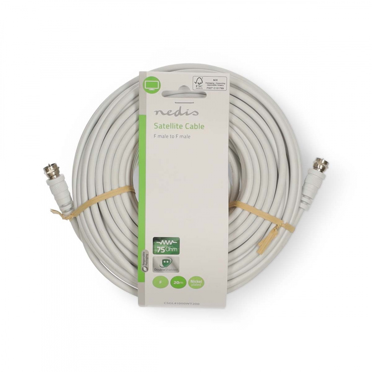 Nedis Satellite & Antenna Cable | F Male | F Male | Nickel Plated | 75 Ohm | Double Shielded | 20.0 m | Round | PVC | White | Label