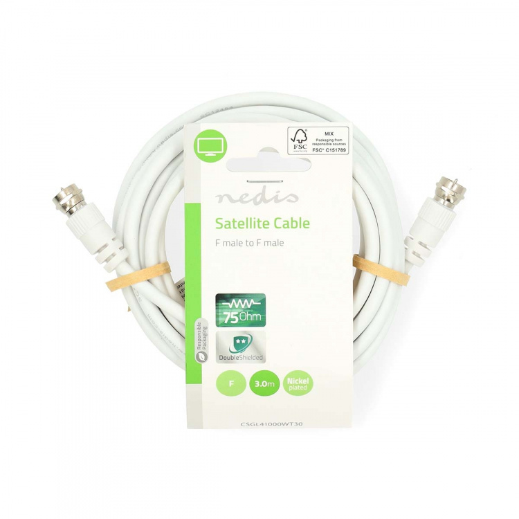 Nedis Satellite & Antenna Cable | F Male | F Male | Nickel Plated | 75 Ohm | Double Shielded | 3.00 m | Round | PVC | White | Label