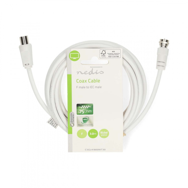 Nedis Satellite & Antenna Cable | F Male | IEC (Coax) Male | Nickel Plated | 75 Ohm | Double Shielded | 3.00 m | Round | PVC | White | Label Nedis Satellite & Antenna Cable | F Male | IEC (Coax) Male | Nickel Plated | 75 Ohm | Double Shielded | 3.00 m | Round | PVC | White | Label