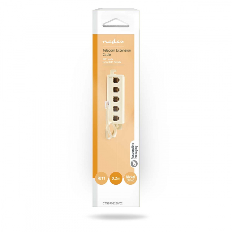 Nedis Telecom Extension Cable | RJ11 Male | 5x RJ11 (4/6) Female | 0.20 m | Cable design: Flat | Cable type: RJ11 | Ivory | Box Nedis Telecom Extension Cable | RJ11 Male | 5x RJ11 (4/6) Female | 0.20 m | Cable design: Flat | Cable type: RJ11 | Ivory | Box