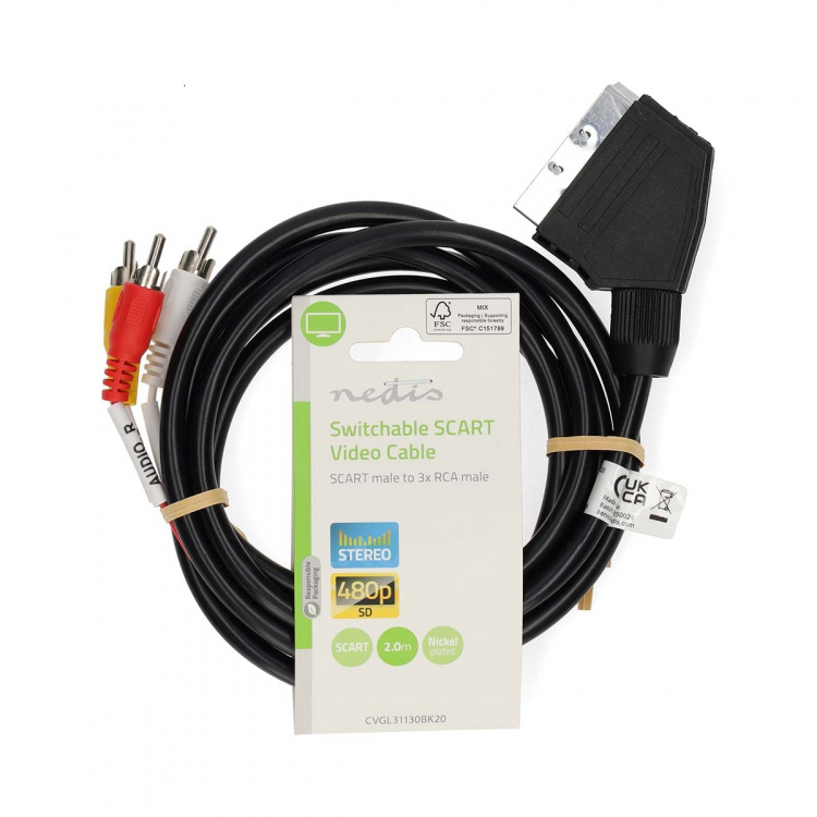 Nedis SCART Cable | SCART Male | 3x RCA Male | Nickel Plated | Switchable | 480p | 2.00 m | Round | PVC | Black | Label Nedis SCART Cable | SCART Male | 3x RCA Male | Nickel Plated | Switchable | 480p | 2.00 m | Round | PVC | Black | Label