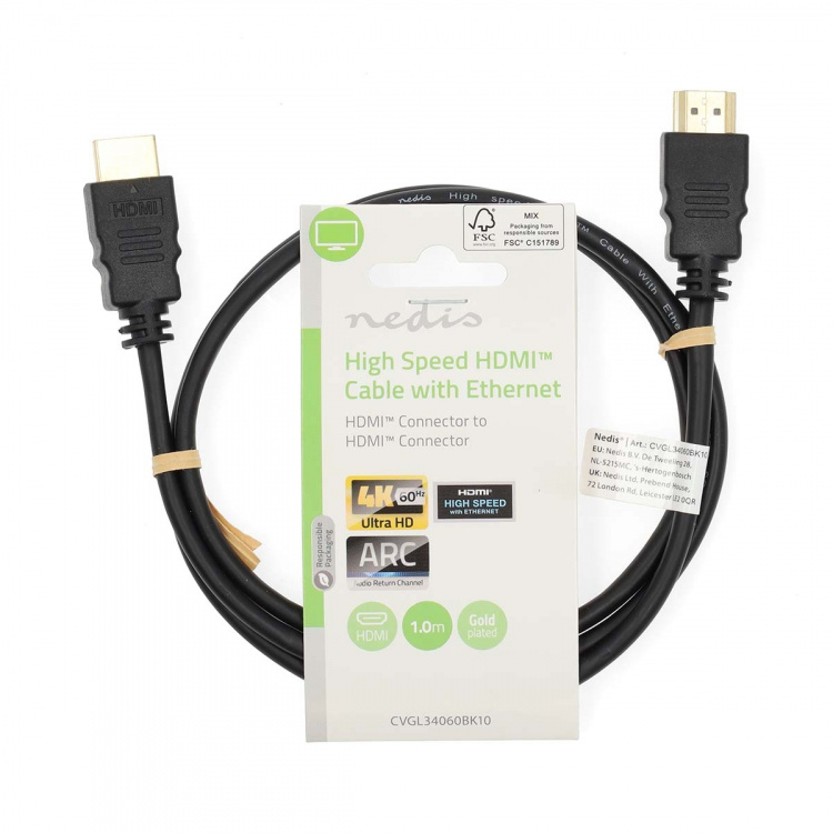 Nedis High Speed HDMI™ Cable with Ethernet | HDMI™ Connector | HDMI™ Connector | 4K@60Hz | ARC | 18 Gbps | 1.00 m | Round | PVC | Black | Label Nedis High Speed HDMI™ Cable with Ethernet | HDMI™ Connector | HDMI™ Connector | 4K@60Hz | ARC | 18 Gbps | 1.00 m | Round | PVC | Black | Label