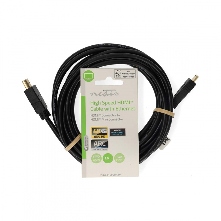 Nedis High Speed HDMI™ Cable with Ethernet | HDMI™ Connector | HDMI™ Mini Connector | 4K@30Hz | 10.2 Gbps | 3.00 m | Round | PVC | Black | Label Nedis High Speed HDMI™ Cable with Ethernet | HDMI™ Connector | HDMI™ Mini Connector | 4K@30Hz | 10.2 Gbps | 3.00 m | Round | PVC | Black | Label