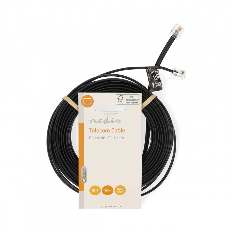 Nedis Telecom Cable | RJ11 Male | RJ11 Male | 10.0 m | Cable design: Flat | Gold Plated | Cable type: RJ11 | Black | Label