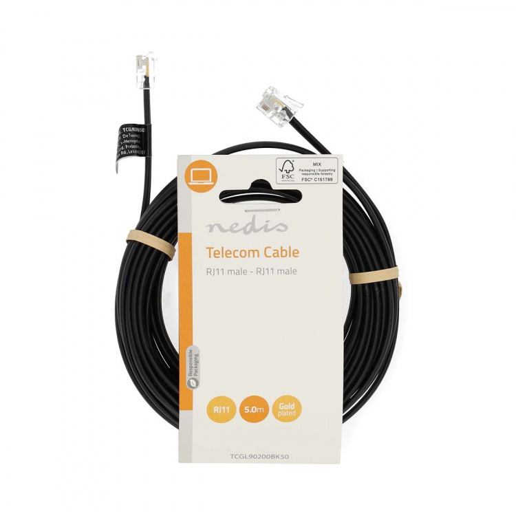 Nedis Telecom Cable | RJ11 Male | RJ11 Male | 5.00 m | Cable design: Flat | Gold Plated | Cable type: RJ11 | Black | Label