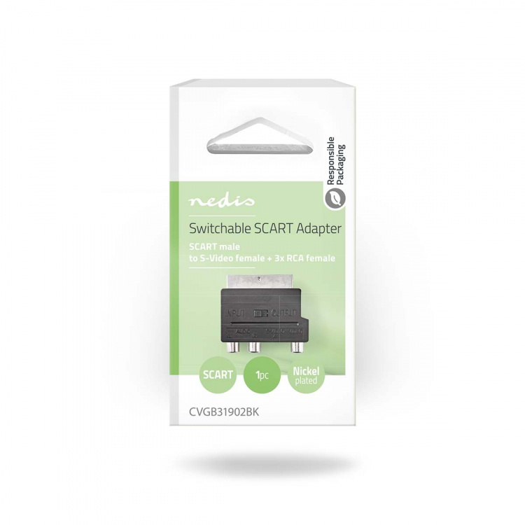 Nedis SCART Adapter | SCART Male | S-Video Female / 3x RCA Female | Nickel Plated | Switchable | ABS | Black | 1 pcs | Box Nedis SCART Adapter | SCART Male | S-Video Female / 3x RCA Female | Nickel Plated | Switchable | ABS | Black | 1 pcs | Box