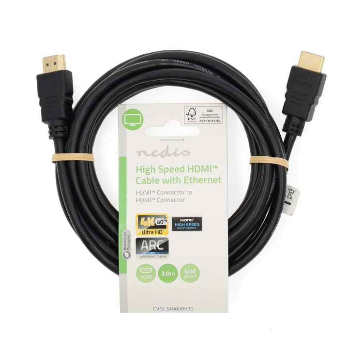Nedis High Speed HDMI™ Cable with Ethernet | HDMI™ Connector | HDMI™ Connector | 4K@60Hz | ARC | 18 Gbps | 3.00 m | Round | PVC | Black | Label Nedis High Speed HDMI™ Cable with Ethernet | HDMI™ Connector | HDMI™ Connector | 4K@60Hz | ARC | 18 Gbps | 3.00 m | Round | PVC | Black | Label