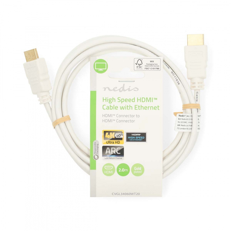 Nedis High Speed HDMI™ Cable with Ethernet | HDMI™ Connector | HDMI™ Connector | 4K@60Hz | ARC | 18 Gbps | 2.00 m | Round | PVC | White | Label Nedis High Speed HDMI™ Cable with Ethernet | HDMI™ Connector | HDMI™ Connector | 4K@60Hz | ARC | 18 Gbps | 2.00 m | Round | PVC | White | Label