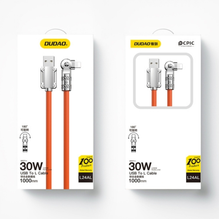 Dudao L24AL USB-A to angled Lightning cable 30W 1m 180° rotation orange