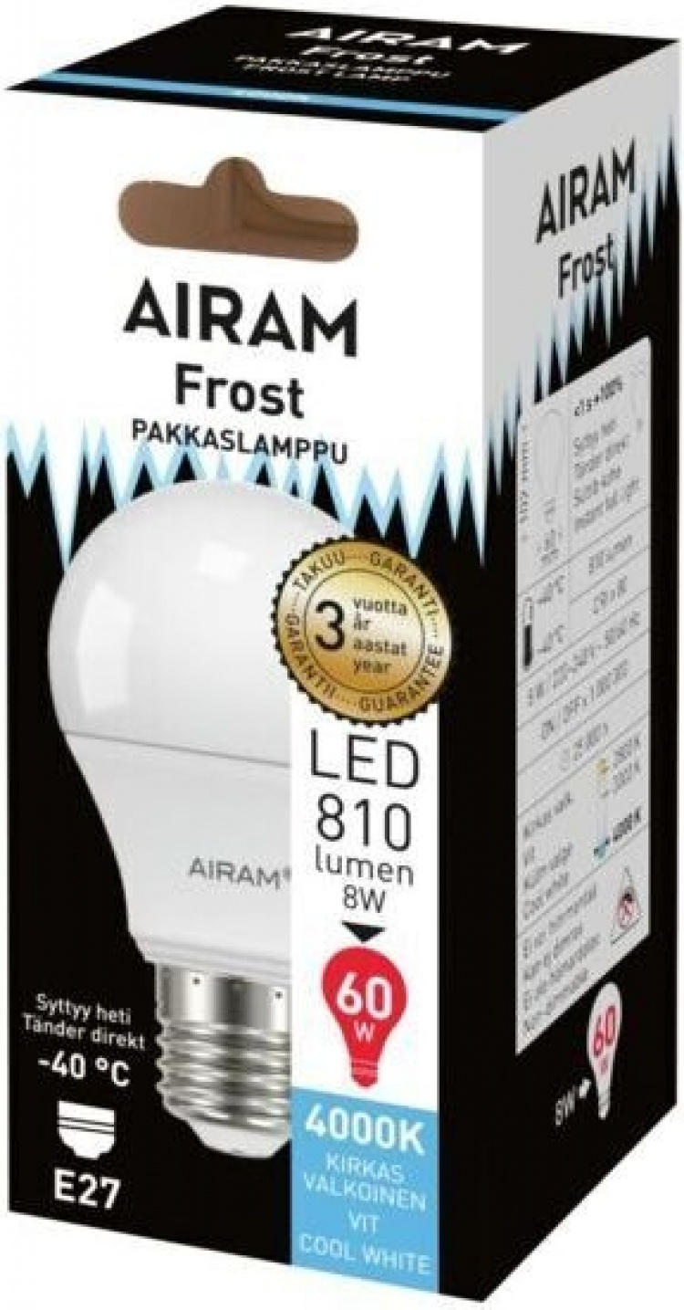 Airam LED frosted bulb, E27, 4000K, 810 lm, opal