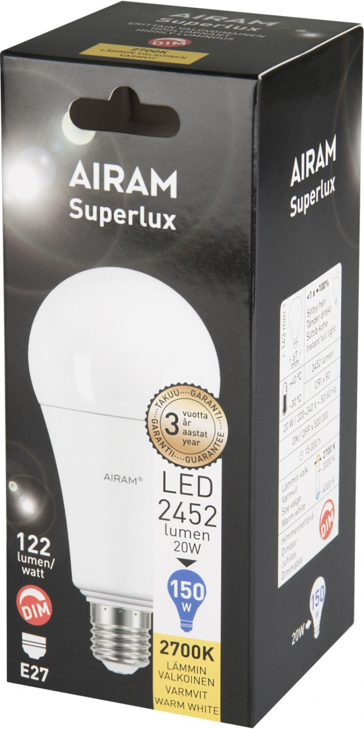 Airam Superlux 19 W compact fluorescent lamp DIM, E27, 2700 K, 2452 lm Airam Superlux 19 W compact fluorescent lamp DIM, E27, 2700 K, 2452 lm